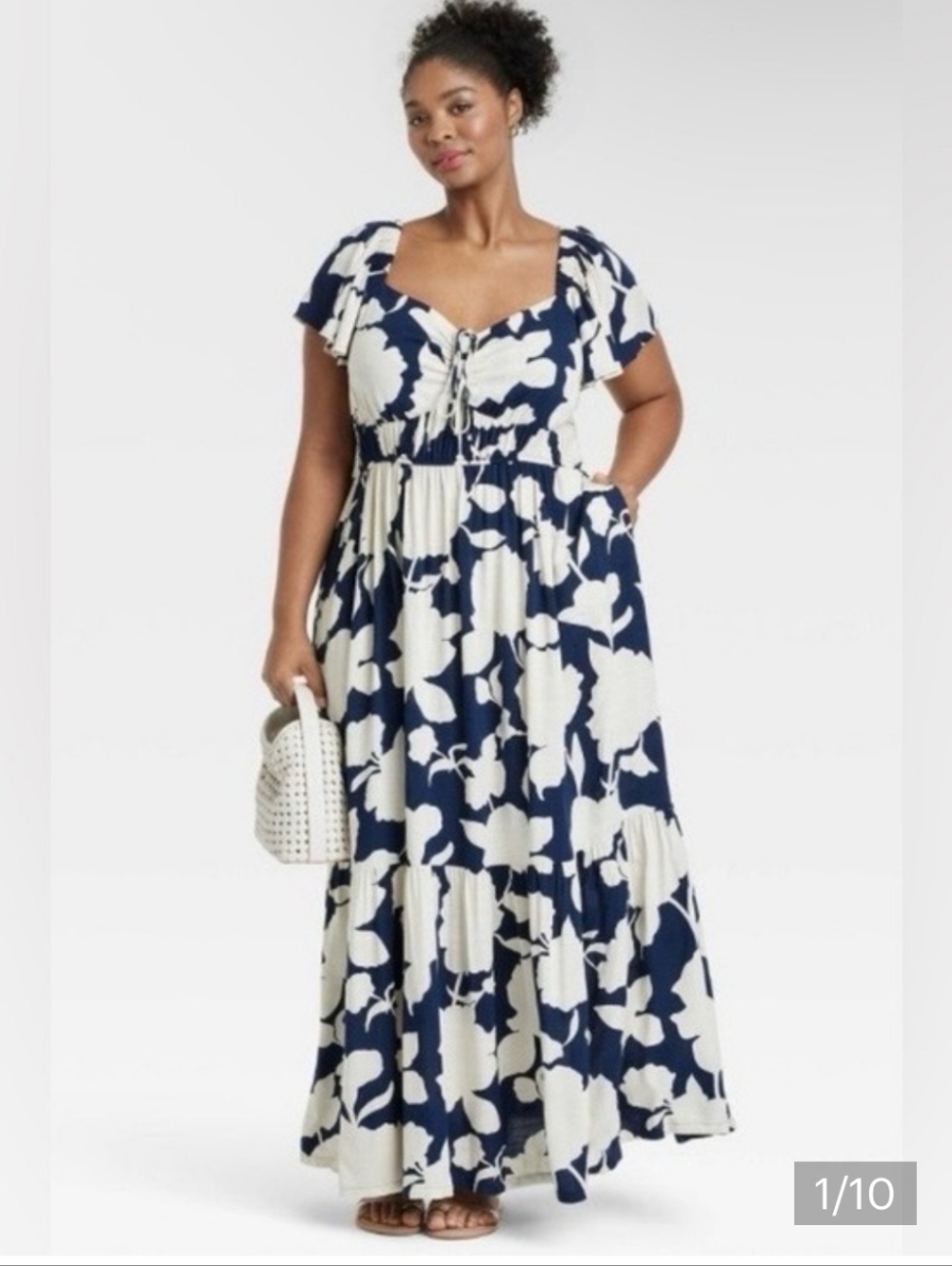 Ava & Viv Navy and Cream Floral Maxi Dress with Scoop Neck, Rayon, 1X NWOT